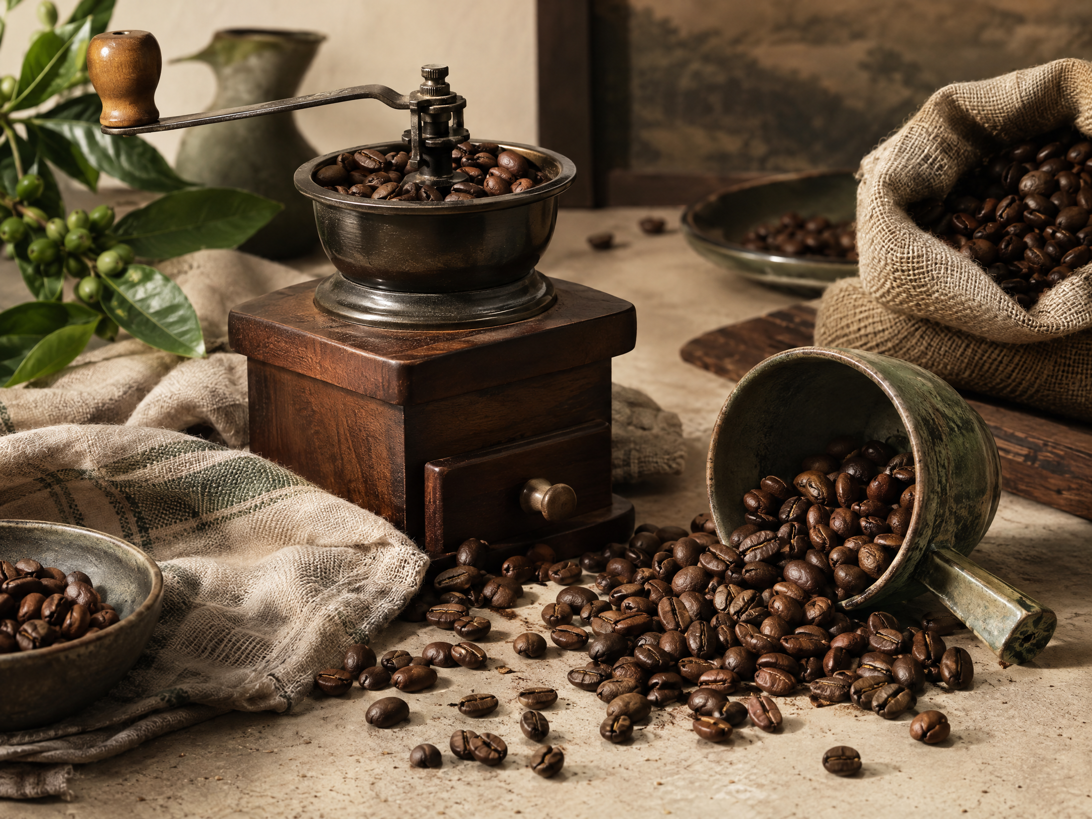 Biji kopi sangrai dan alat penggiling