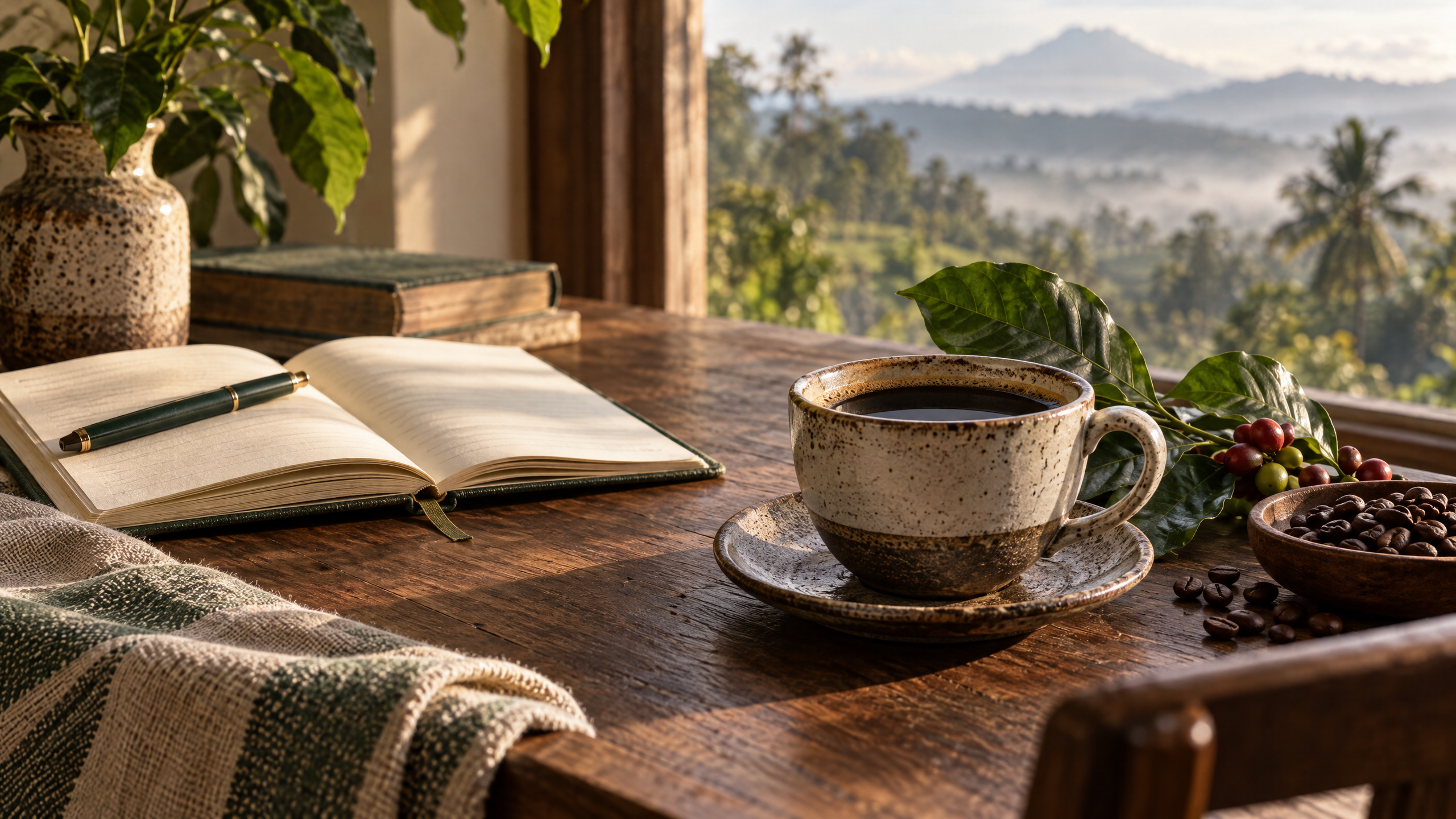 Secangkir kopi tubruk di meja kayu